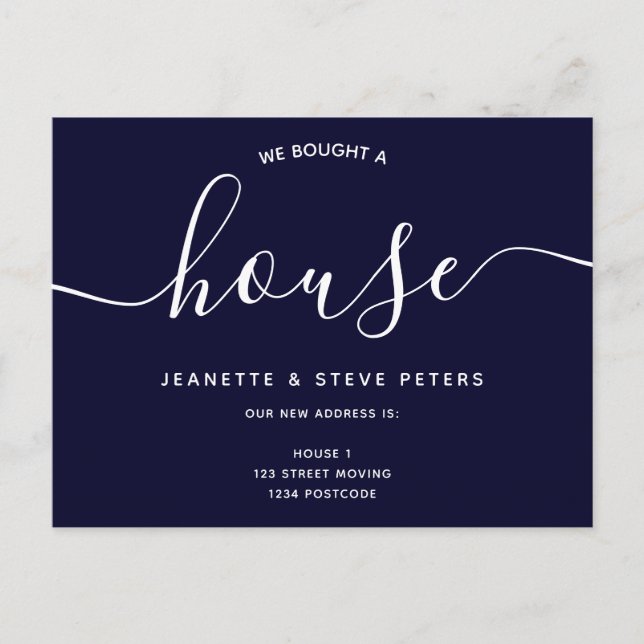 Vi köpte ett hus marinblå enkel script flyttar meddelande vykort (Framsida)