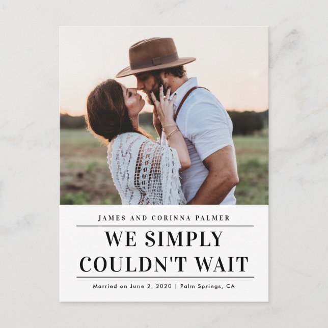 Vi kunde inte vänta bröllopsannonsering vykort (Framsida)