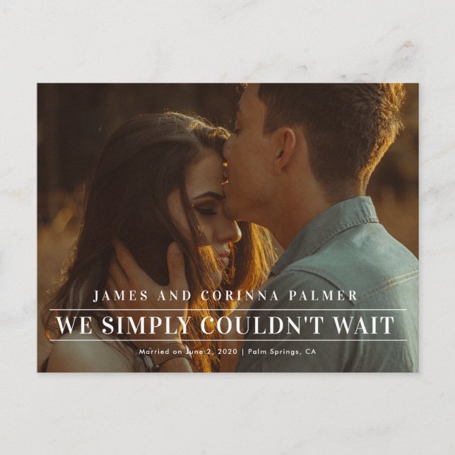 Vi kunde inte vänta på bröllop-meddelandet vykort (Framsida)