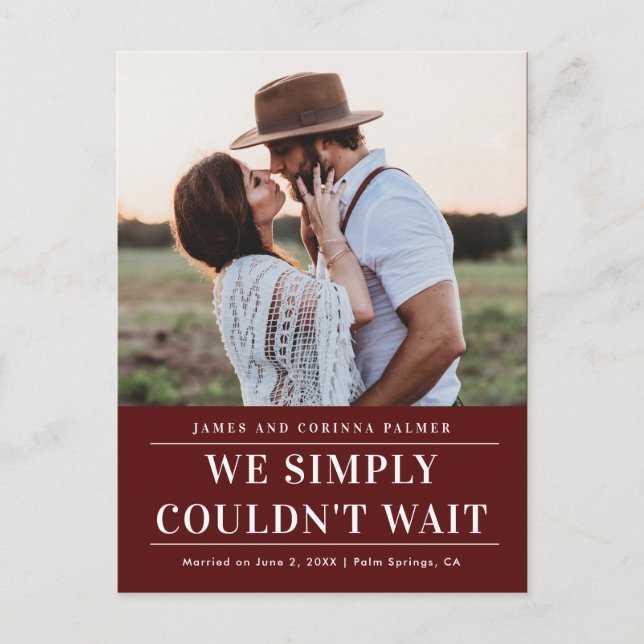 Vi kunde inte vänta på bröllop-meddelandet vykort (Framsida)