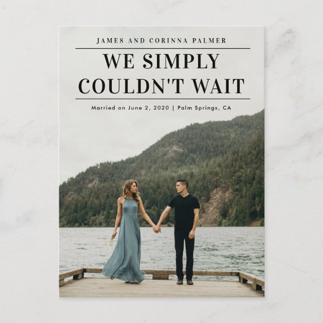 Vi kunde inte vänta på bröllop-meddelandet vykort (Framsida)