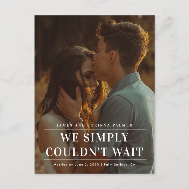Vi kunde inte vänta på bröllop-meddelandet vykort (Framsida)