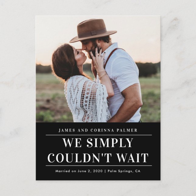 Vi kunde inte vänta på bröllop-meddelandet vykort (Framsida)