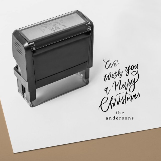 Vi önskar dig en God jul Lettering Gift Självfärgande Stämpel (self inking stamp with a hand lettering Merry Christmas message and custom family name)