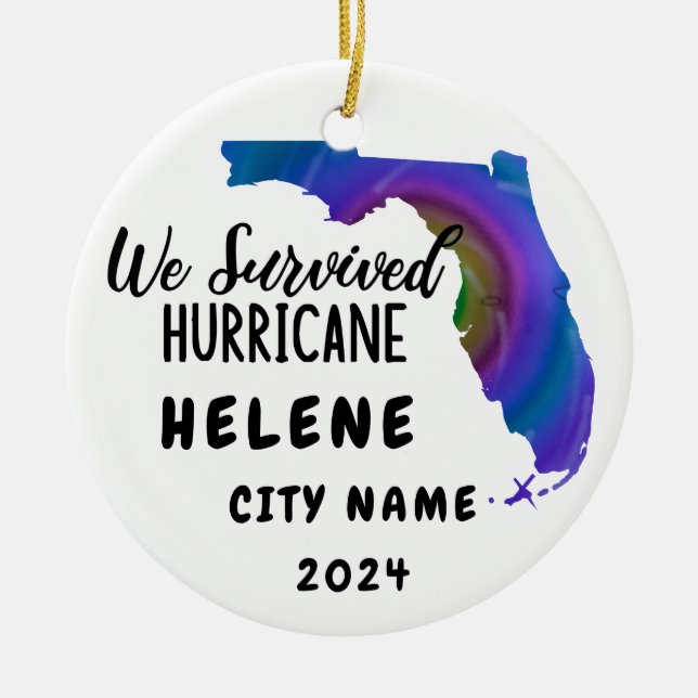 Vi Överlevt! Hurrican Helene Florida & City Namn Julgransprydnad Keramik (Framsidan)