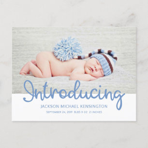 Vi presenterar Baby Boy Blue Typography Foto Meddelande Vykort
