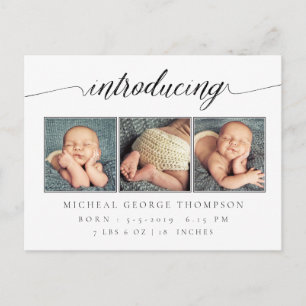 Vi presenterar Baby Födelse Annonsering 3 Foto Meddelande Vykort