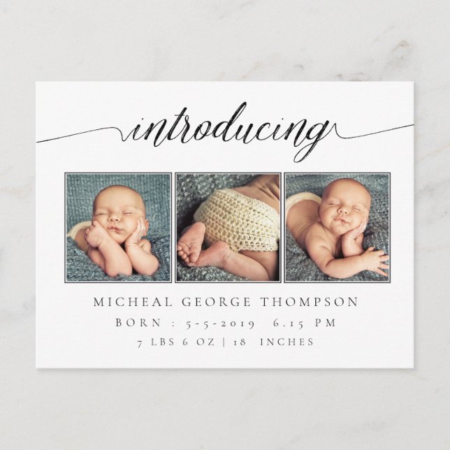 Vi presenterar Baby Födelse Annonsering 3 Foto Meddelande Vykort (Framsida)