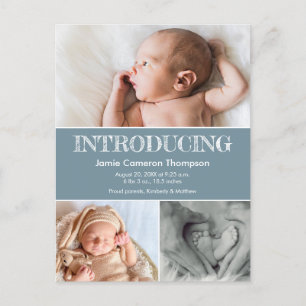 Vi presenterar Baby Födelse Annonserings Foto Blå Meddelande Vykort