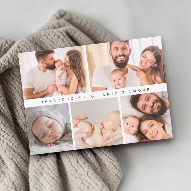 Vi presenterar Baby Foto Collage Modern Födelse  Tack Kort (Custom birth announcement, Introducing photo grid collage.)