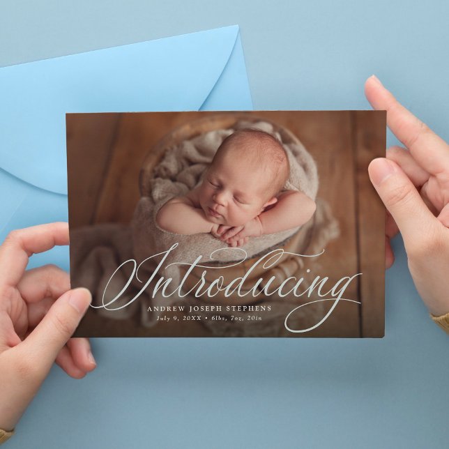 Vi presenterar bebis ett foto elegant blå födelse meddelande (Skapare uppladdad)