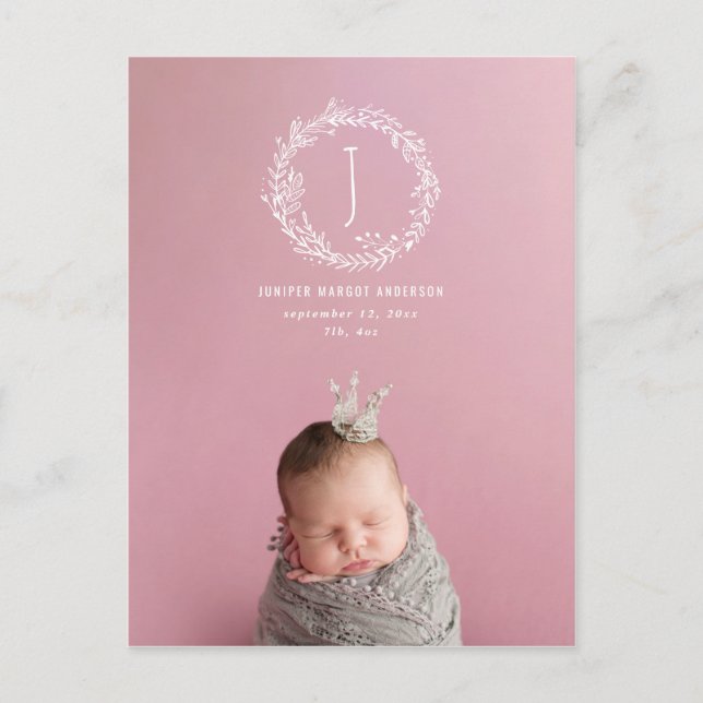 Vi presenterar blomsterkrans foto födelse tillkänn vykort (Framsida)
