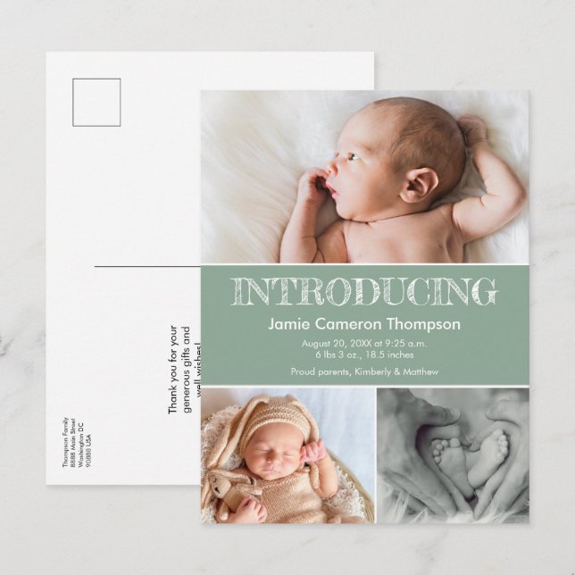 Vi presenterar Green Baby Photos Födelseannonserin Meddelande Vykort (Fram/baksida)