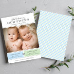 Vi presenterar vår blåa Grönt-foto-födelse med dub<br><div class="desc">Meddela dina nya tvillingpojkar i stil med det här enkla och elegant födelseattest. Utformningen innehåller anpassningsbar i klassiska typformat som kan vara personlig med namn och födelsestatsuppgifter för första och mitten för varje baby. Ett diagonalt mönster i streck ligger längst bak på kortet. Färg: baby blue, mjuk grönt, kol-grått, på...</div>