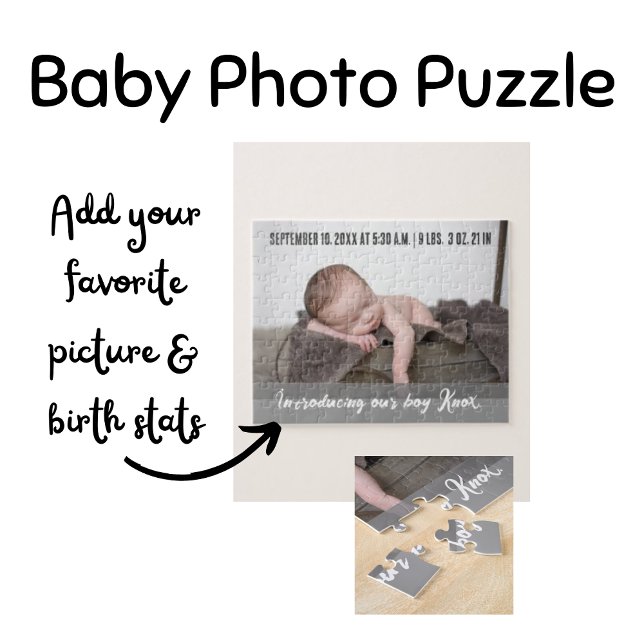 Vi presenterar vår pojke - Baby fotofödelsemeddela Pussel (Baby Photo Jigsaw Puzzle Birth Announcement)
