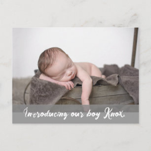 Vi presenterar vår pojke, Namn Baby Foto Meddelande Vykort
