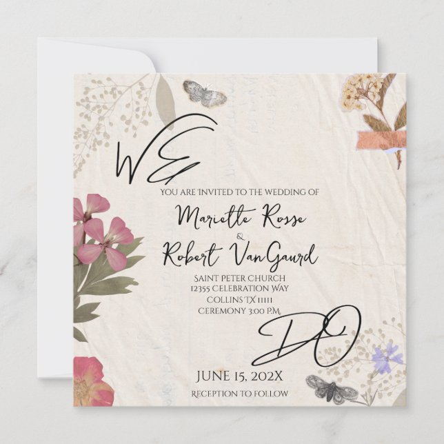 VI pressade blommorna Shabby Garden Chic Bröllop Inbjudningar (Framsida)
