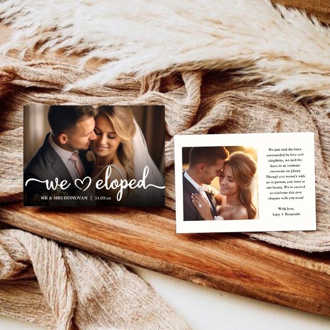 Vi Rymde Elegant Skrift Bröllopsfoto Meddelande (We Eloped Elegant Script Wedding Photo Announcement)