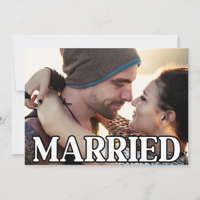 Vi rymde, gifte oss, modern bröllopsfoto meddelande (Framsida)