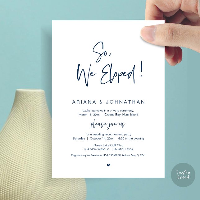 Vi rymde, marinblå, vigsel utan familj inbjudningar (So, We Eloped, Modern Wedding Elopement Dinner Invitation Card, PDF, in Navy Blue)