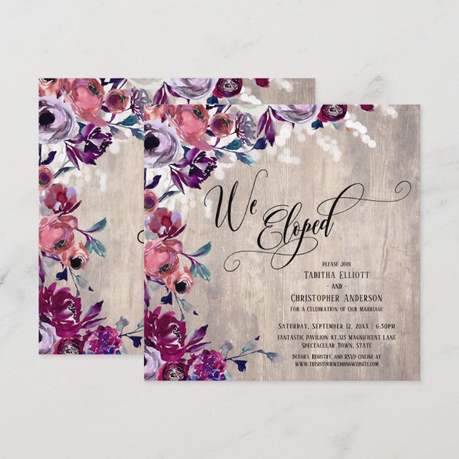 Vi Rymde med Elegant Script Blommig Ljus Pallträ & Inbjudningar (Fram/baksida)