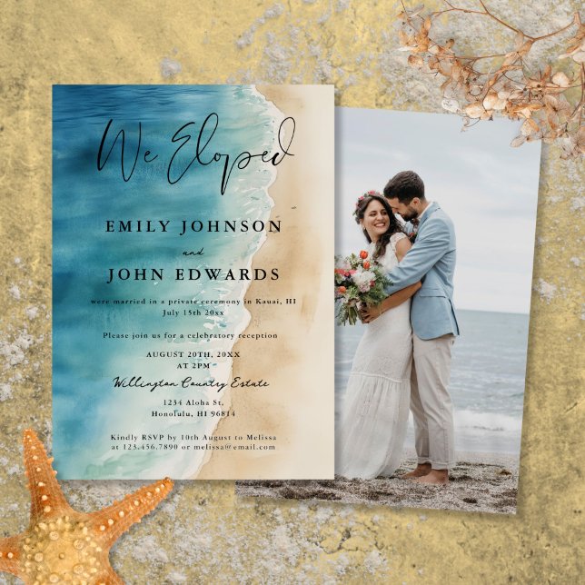 Vi rymde Ocean Beach Elopement Bröllopsfoto Inbjudningar (We Eloped Ocean Beach Elopement Wedding Photo Invitation)