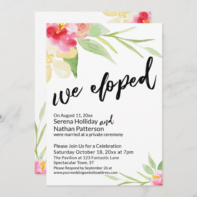 Vi rymde på ett oplanerat sätt med vattenfärgblomm inbjudningar (Fram/baksida)