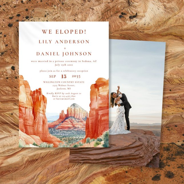 Vi Rymde Vattenfärg Öken Klippa Rymmeri Foto Inbjudningar (We Eloped Watercolor Desert Rock Elopement Photo Invitation)