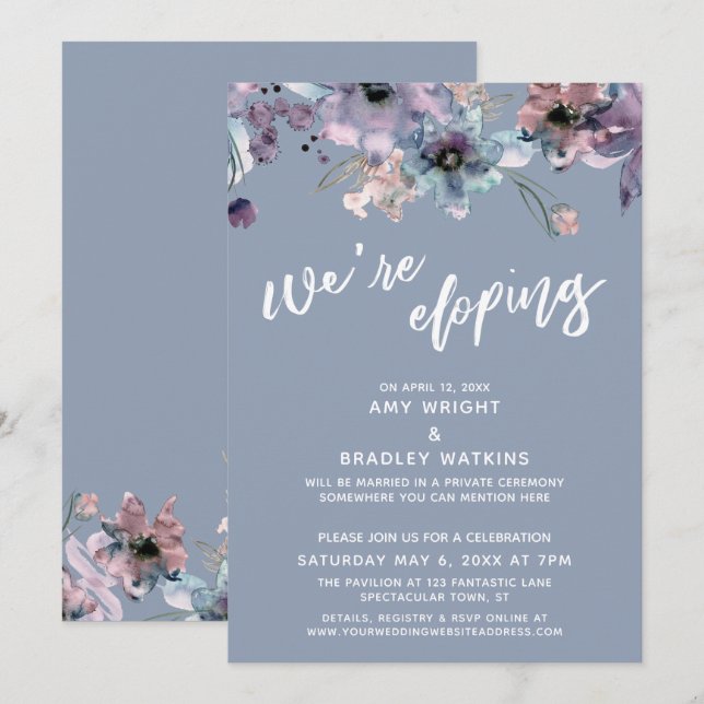 Vi rymmer manus dammig blå akvarell blommor inbjudningar (Fram/baksida)