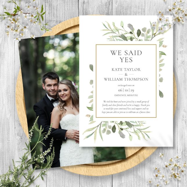 Vi sa ja Elopement Bröllop meddelande Inbjudningar (We Said Yes Elopement Wedding Announcement)
