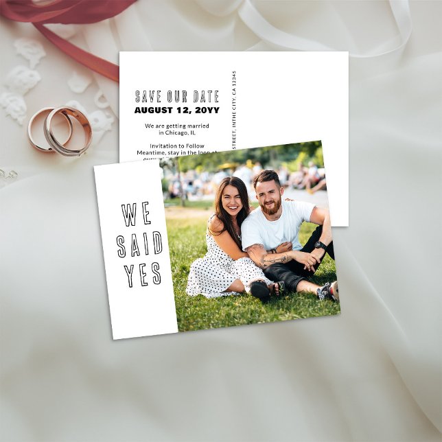 Vi sa ja Foto Bröllop Spara datum Postkort Meddelande Vykort (We Said Yes .. Wedding Save the Date Postcard with photo)