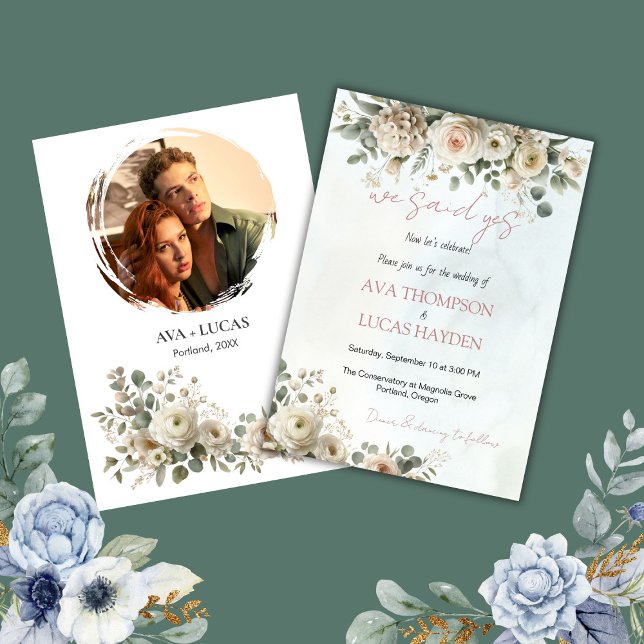 Vi sa ja,  och Dusty Ro Blommigt Bröllop Inbjudningar (We Said Yes Blush & Dusty Rose Floral Wedding Invitation)