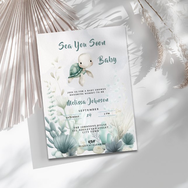 Vi ses snart Baby Shower Könsneutral Inbjudan (Sea You Soon Undersea Turtle Baby Shower Invitation.)