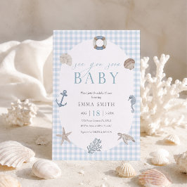 Vi Ses Snart Blå Gingham Snygg Pojk Bebis Shower Inbjudningar
