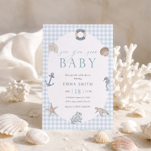 Vi Ses Snart Blå Gingham Snygg Pojk Bebis Shower Inbjudningar