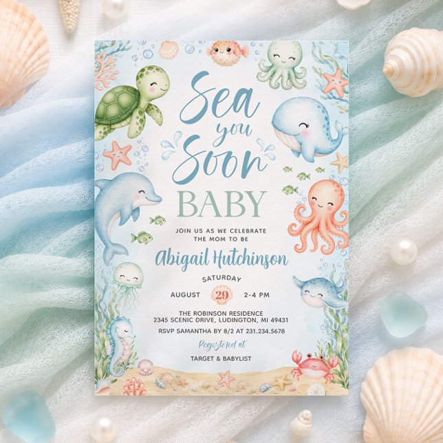 Vi ses snart havsbarnsbad inbjudan (Sea You Soon Ocean Baby Shower Invitation)