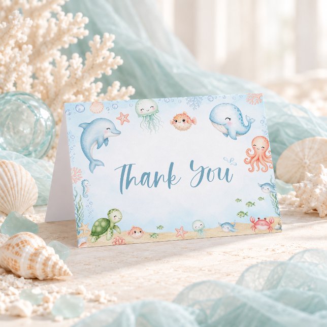 Vi Ses Snart Havsbarnsbad Vikad Tack Kort (Sea You Soon Ocean Baby Shower Folded Thank You Card)