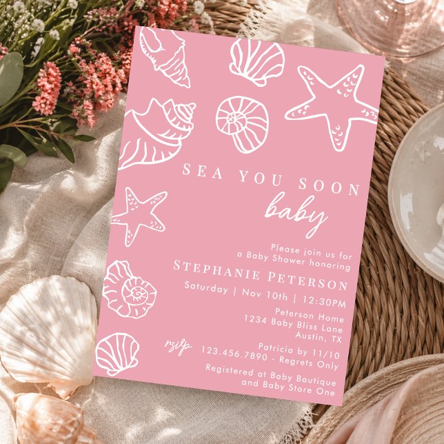 Vi ses snart Rosa kuststrand Flicka Bebis firande Inbjudningar (Skapare uppladdad)