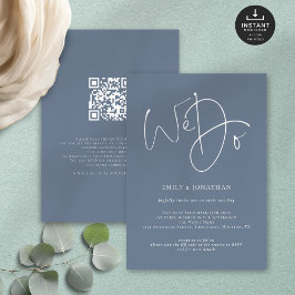 Vi skriver Dusty Blue White QR Bröllop Inbjudningar