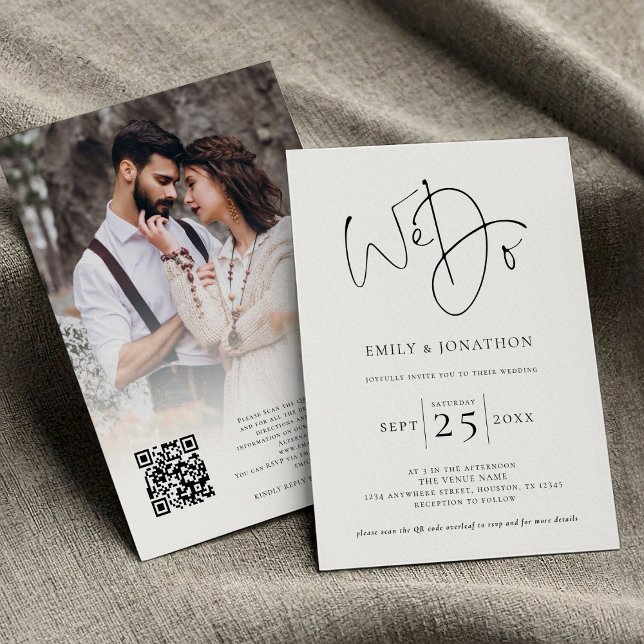 Vi skriver fotoöverlägg med QR Black White Bröllop Inbjudningar (front and back view)