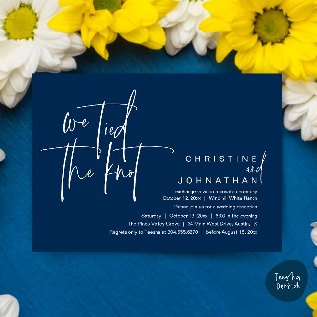 Vi slog knutar, Modern bröllopsfest Inbjudningar (We tied the knot, Modern wedding reception dinner party Invitation card in classy navy blue)