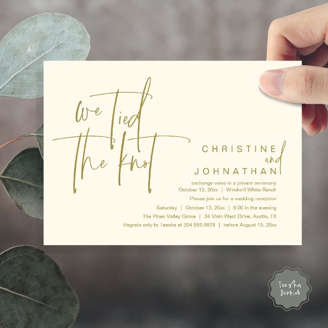 Vi slog knutar, Modern bröllopsfest Inbjudningar (We tied the knot, Modern wedding reception dinner party Invitation card in yellow gold cream)