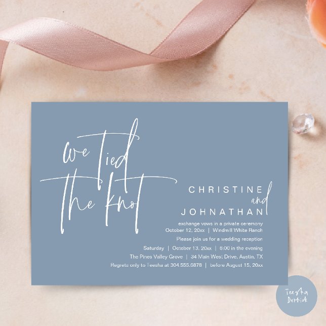 Vi slog oss samman, Modern bröllopsfest Inbjudningar (We tied the knot, Modern wedding reception dinner party Invitation card in dusty blue)