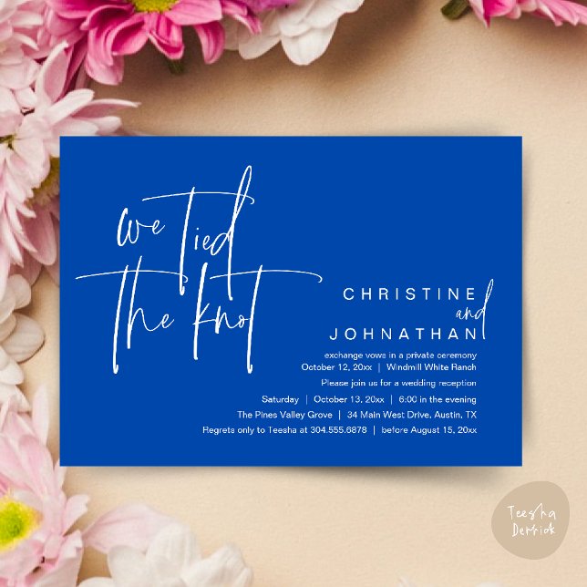 Vi slog oss samman, Modern bröllopsfest Inbjudningar (We tied the knot, Modern wedding reception dinner party Invitation card in cobalt blue)