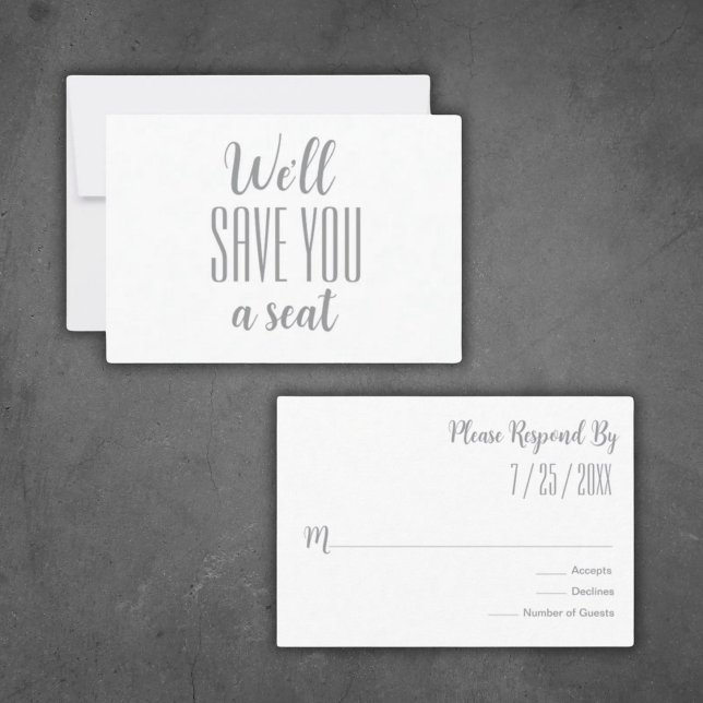 "Vi Sparor dig ett säte" Minimalistisk OSA Kort ("We'll Save You a Seat"
RSVP Modern Minimalist Wedding Luxurious Grey on White)