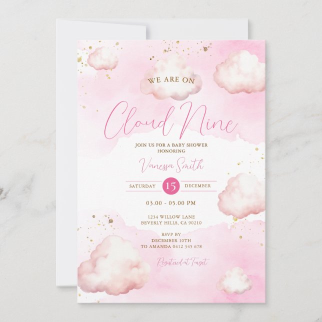 Vi står på molnet nio Rosa Baby Shower Guld Glitte Inbjudningar (Framsida)