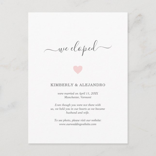 Vi uteslöt Rosa Heart Bröllop Elopement Meddelande Vykort (Framsida)