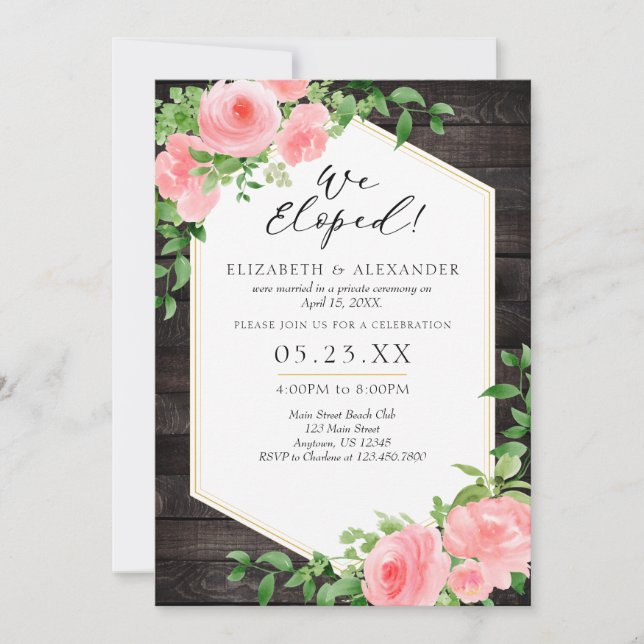 Vi uteslöt Wood Rosa Blommigt Bröllop Elopement Inbjudningar (Framsida)