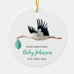 Vi väntar oss! Kön Neutral Stork-meddelande Julgransprydnad Keramik