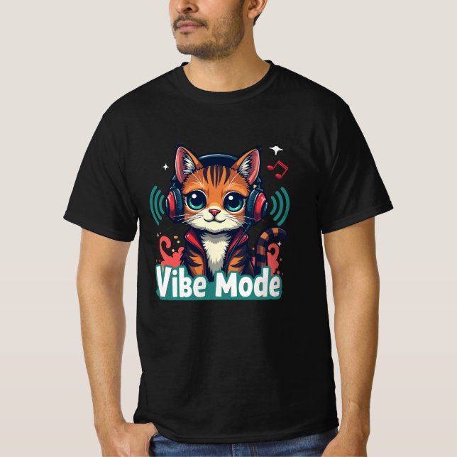 Vibe Mode" Cute Cartoon Cat T-Shirt | (Framsida)